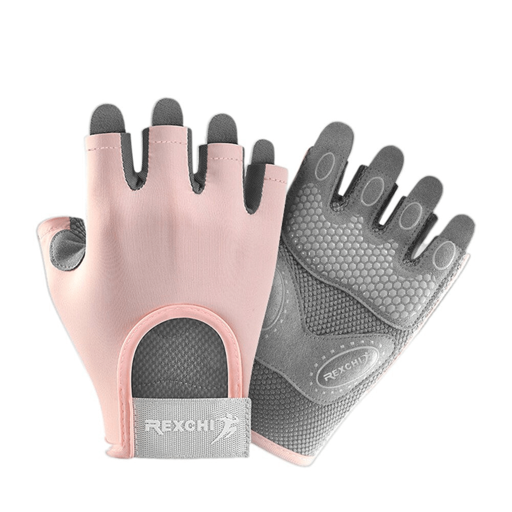 Stylish elastic women's fingerless gloves for training, pink and gray, made of polyester, perfect for cycling. SF0834